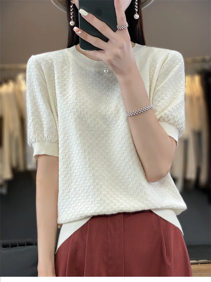 Pure Cotton Hollow Short-Sleeved Ladies Spring And Summer Loose Slim New Joker Knit Bottoming T-Shirt