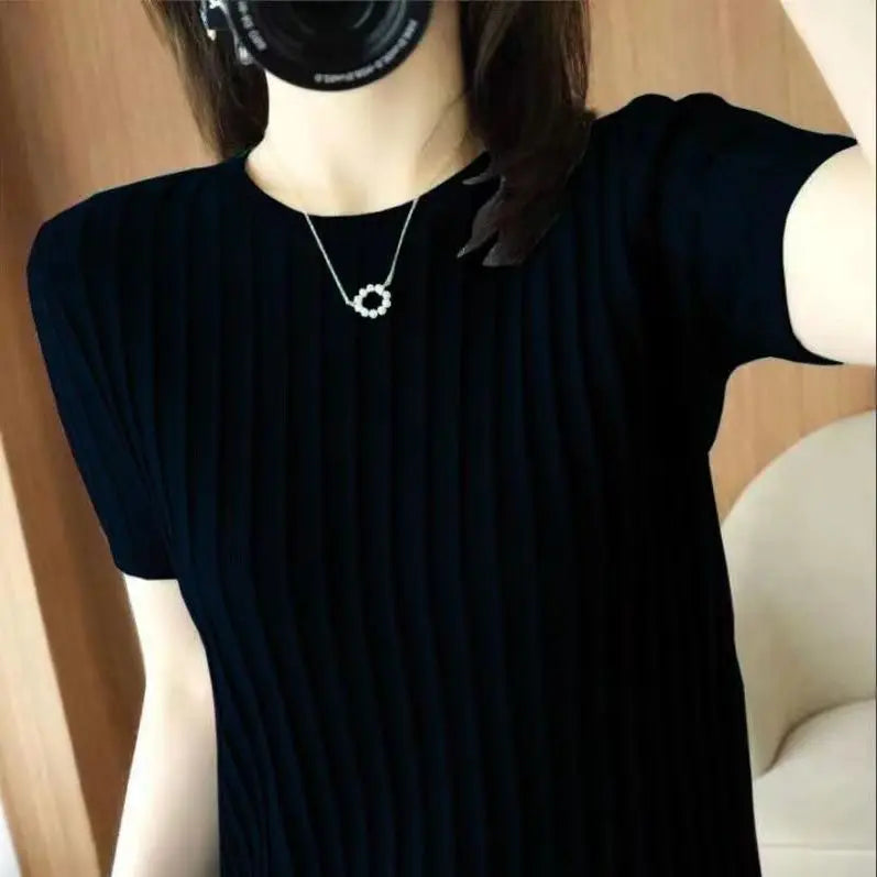 2023 Summer New Loose Thin Style Round Neck Short Sleeve T-shirt Women Fashion Vintage Elegant Screw Thread Knitting Pullovers