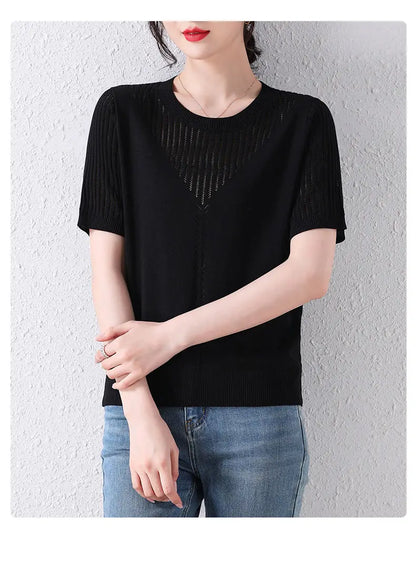 Summer Casual Fashion Hollow Out Solid Color Knitting T-shirt Ladies Short Sleeve Loose All-match Tee Women Simple Pullover Top