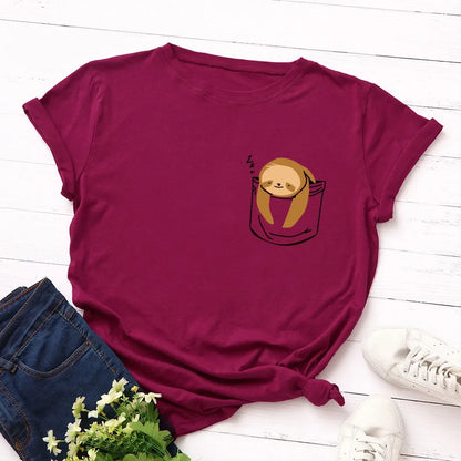 JFUNCY Short Sleeve Tee Women Top Oversized Cotton T-Shirt Female Summer Clothes Cute Sloth Pocket Graphic 2024 Women's T Shirts