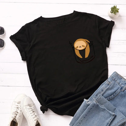 JFUNCY Short Sleeve Tee Women Top Oversized Cotton T-Shirt Female Summer Clothes Cute Sloth Pocket Graphic 2024 Women's T Shirts