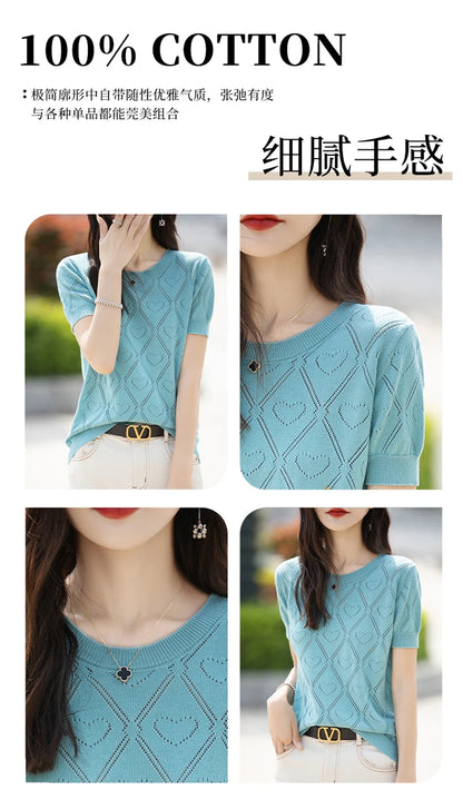 New Summer Fashion 100% Pure Cotton Women's Sweater Short sleeved Casual O-neck Pullover T-shirt Loose Knitted Hollow Top