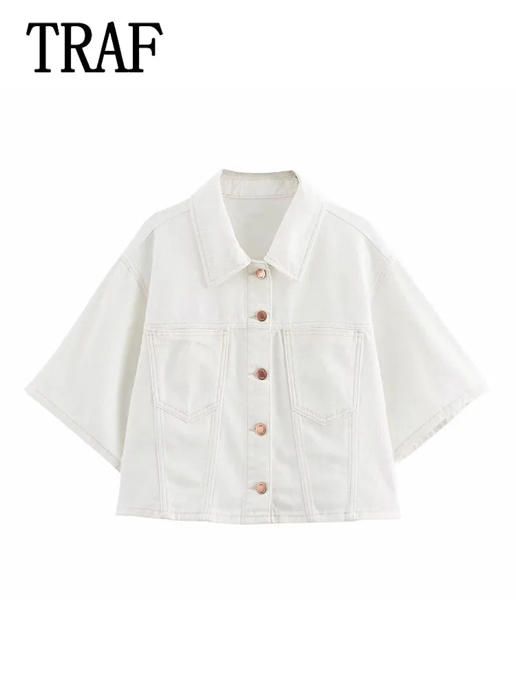 Conjuntos femininos em jeans: camisa gola com manga curta e bolso decoração +  shorts cintura média assimétrico