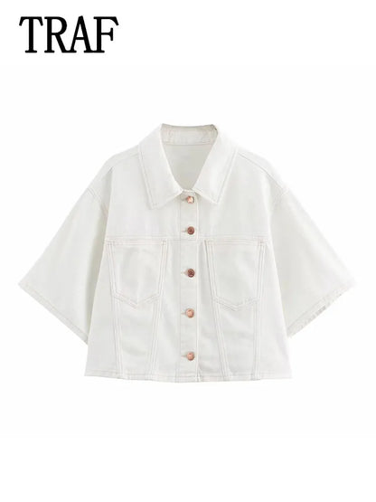 Conjuntos femininos em jeans: camisa gola com manga curta e bolso decoração +  shorts cintura média assimétrico