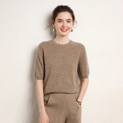 100% cashmere women's sweater short sleeved knitted O-neck five quarter sleeve fashionable hot selling women's T-shirt