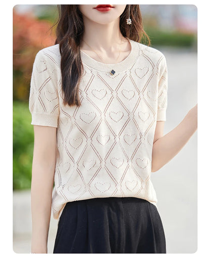 New Summer Fashion 100% Pure Cotton Women's Sweater Short sleeved Casual O-neck Pullover T-shirt Loose Knitted Hollow Top