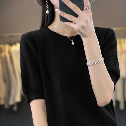 Pure Cotton Hollow Short-Sleeved Ladies Spring And Summer Loose Slim New Joker Knit Bottoming T-Shirt