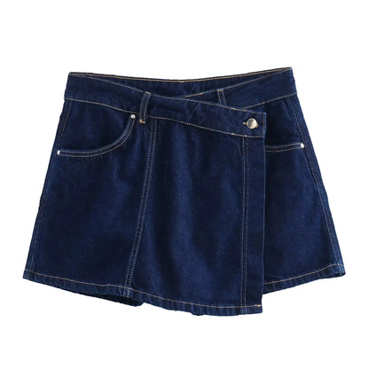 Conjunto feminina em jeans: camisa colarinho degotado com manga curta e bolso decoração + shorts cintura média assimétricos