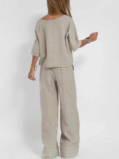 Europe and the United States new summer women's casual loose solid color short sleeve cotton linen trouser suit