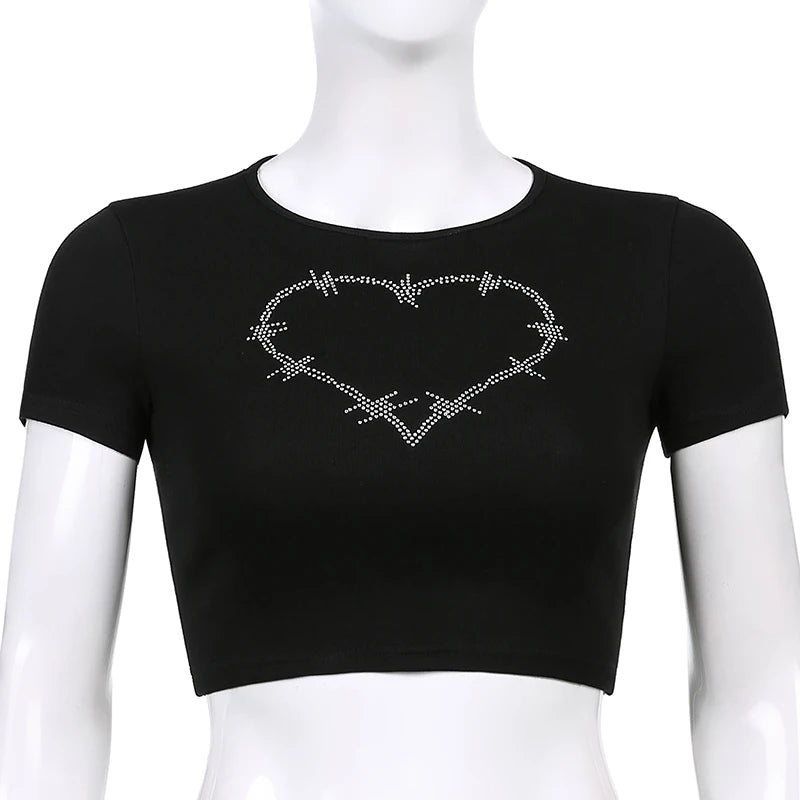Y2K Women Backless Hollow Out T Shirt Sexy Bandage Crop Tops O-neck Tshirt Black Streetwear Short Sleeve Slim Bodycon T-shirt