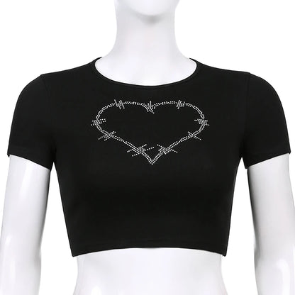 Y2K Women Backless Hollow Out T Shirt Sexy Bandage Crop Tops O-neck Tshirt Black Streetwear Short Sleeve Slim Bodycon T-shirt