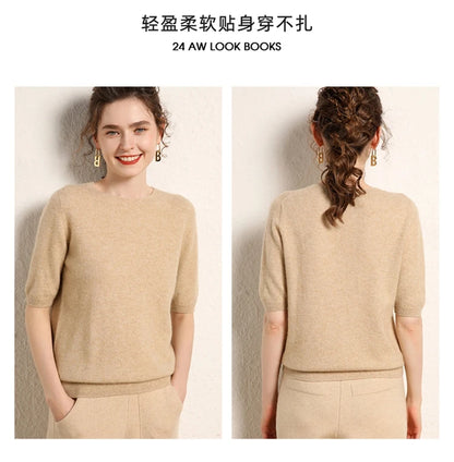 100% cashmere women's sweater short sleeved knitted O-neck five quarter sleeve fashionable hot selling women's T-shirt