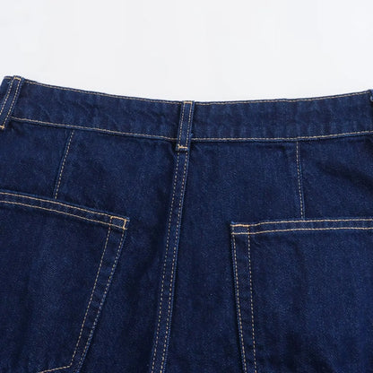 Conjunto feminina em jeans: camisa colarinho degotado com manga curta e bolso decoração + shorts cintura média assimétricos