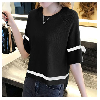 Oversize Knit Women Three Quarter T-Shirt Top Summer Causal Elegant Short Sleeve Camisetas Korean Fashion Loose Knitwear Tee New
