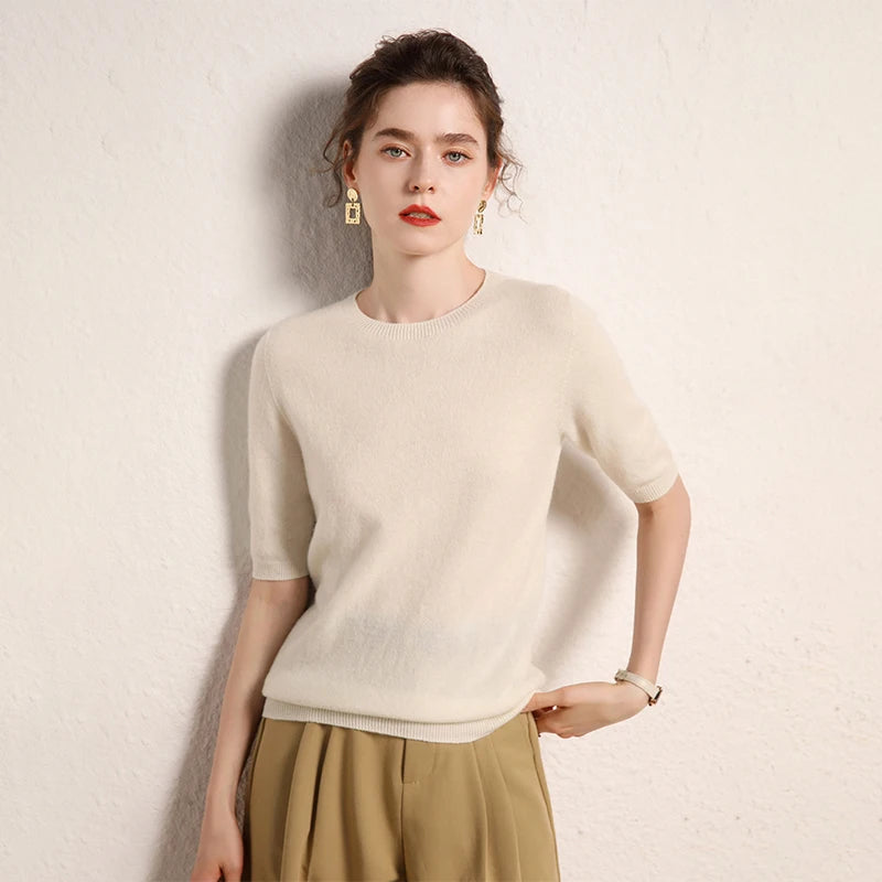 100% cashmere women's sweater short sleeved knitted O-neck five quarter sleeve fashionable hot selling women's T-shirt