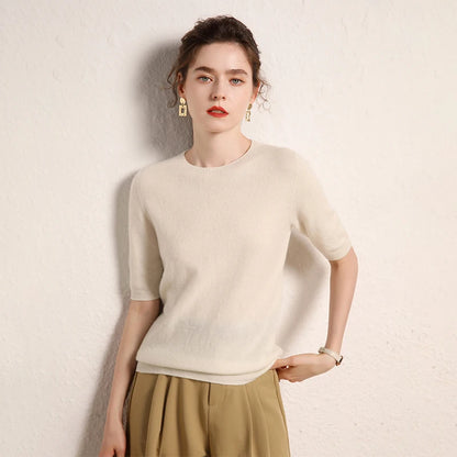 100% cashmere women's sweater short sleeved knitted O-neck five quarter sleeve fashionable hot selling women's T-shirt