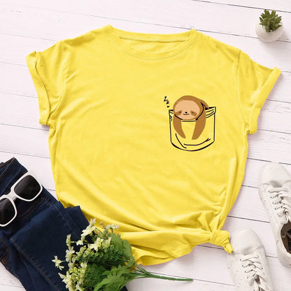 JFUNCY Short Sleeve Tee Women Top Oversized Cotton T-Shirt Female Summer Clothes Cute Sloth Pocket Graphic 2024 Women's T Shirts