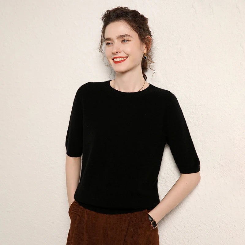 100% cashmere women's sweater short sleeved knitted O-neck five quarter sleeve fashionable hot selling women's T-shirt