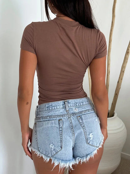 2024 Women's Clothing Y2K Style Solid Color Slim Fit Short-sleeved T-shirt