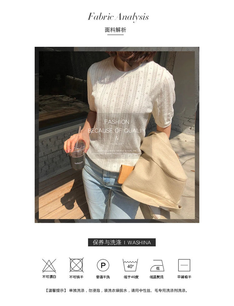 100% Cotton Women Hollow-out Sweater T-shirt New Summer Fashion Short-sleeve O-Neck Pullover Tees Korea Casual Knitted Tops