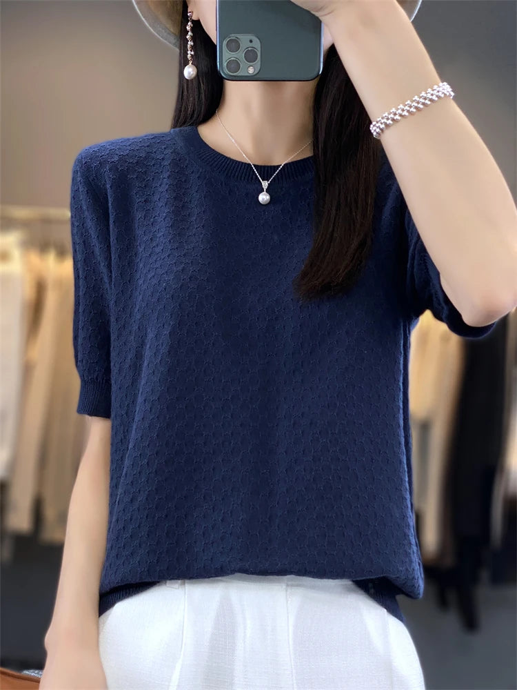 Pure Cotton Hollow Short-Sleeved Ladies Spring And Summer Loose Slim New Joker Knit Bottoming T-Shirt