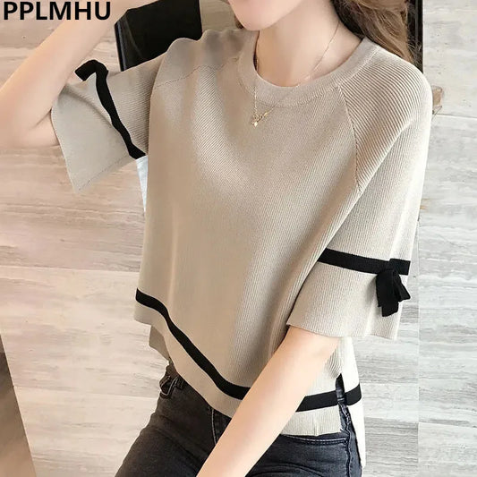 Oversize Knit Women Three Quarter T-Shirt Top Summer Causal Elegant Short Sleeve Camisetas Korean Fashion Loose Knitwear Tee New
