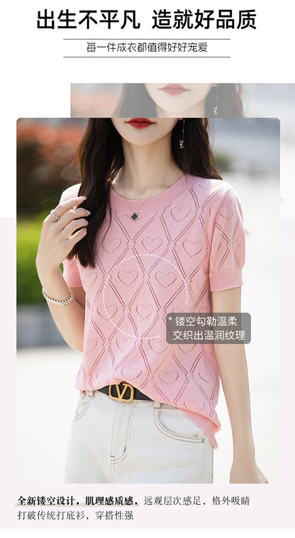New Summer Fashion 100% Pure Cotton Women's Sweater Short sleeved Casual O-neck Pullover T-shirt Loose Knitted Hollow Top