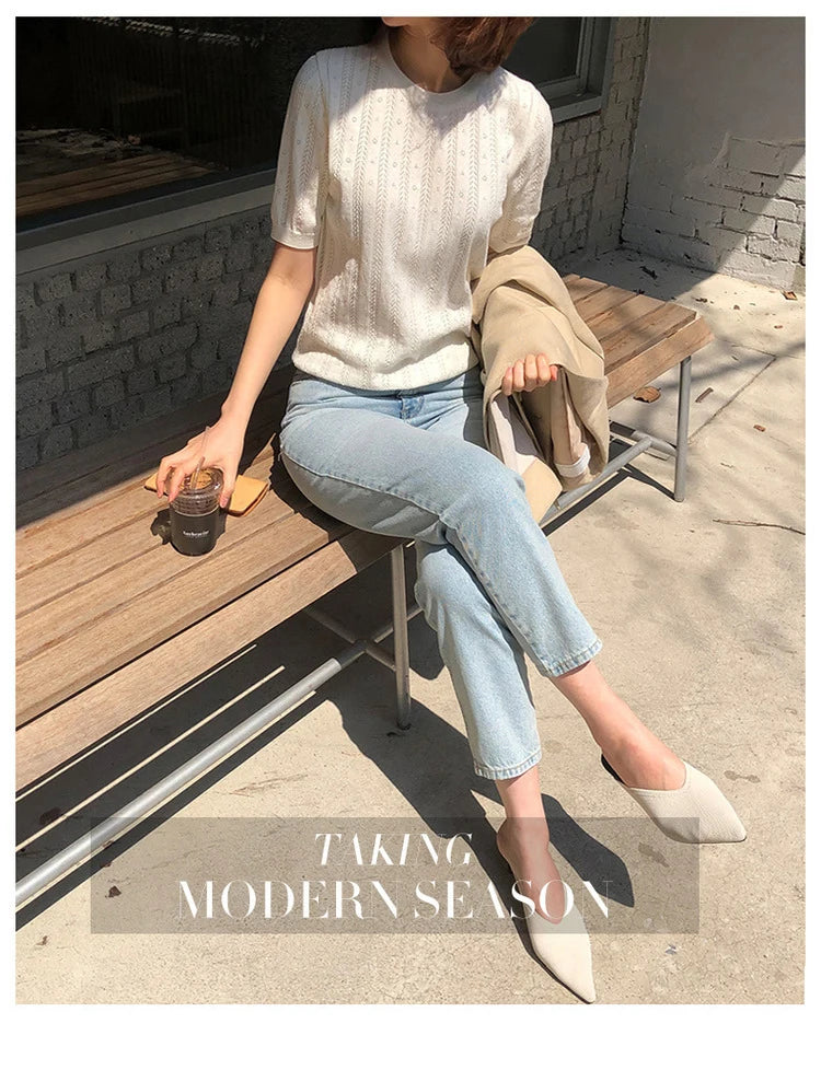 100% Cotton Women Hollow-out Sweater T-shirt New Summer Fashion Short-sleeve O-Neck Pullover Tees Korea Casual Knitted Tops