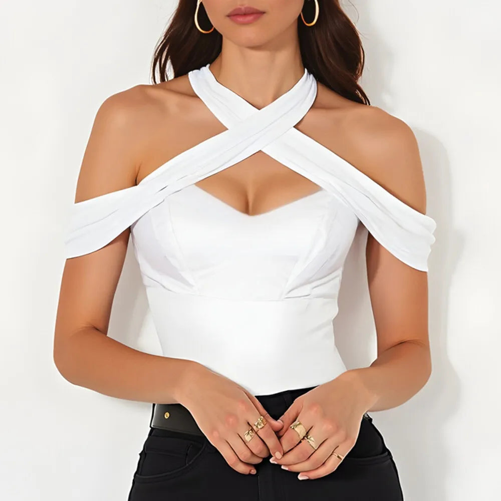 Mia Muse T-Shirts Summer Korean Casual Solid Color Cut-Out Halter Neck Off Shoulder Skinny Fit T-Shirts For Women