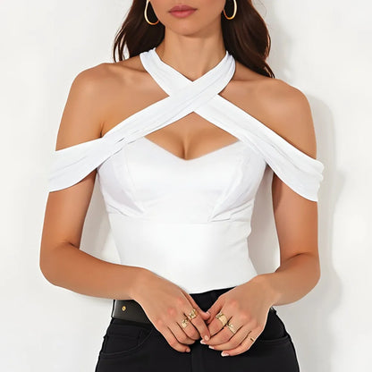 Mia Muse T-Shirts Summer Korean Casual Solid Color Cut-Out Halter Neck Off Shoulder Skinny Fit T-Shirts For Women
