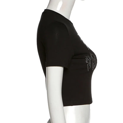 Y2K Women Backless Hollow Out T Shirt Sexy Bandage Crop Tops O-neck Tshirt Black Streetwear Short Sleeve Slim Bodycon T-shirt