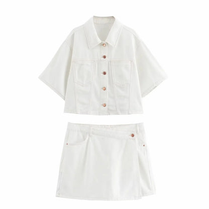 Conjuntos femininos em jeans: camisa gola com manga curta e bolso decoração +  shorts cintura média assimétrico