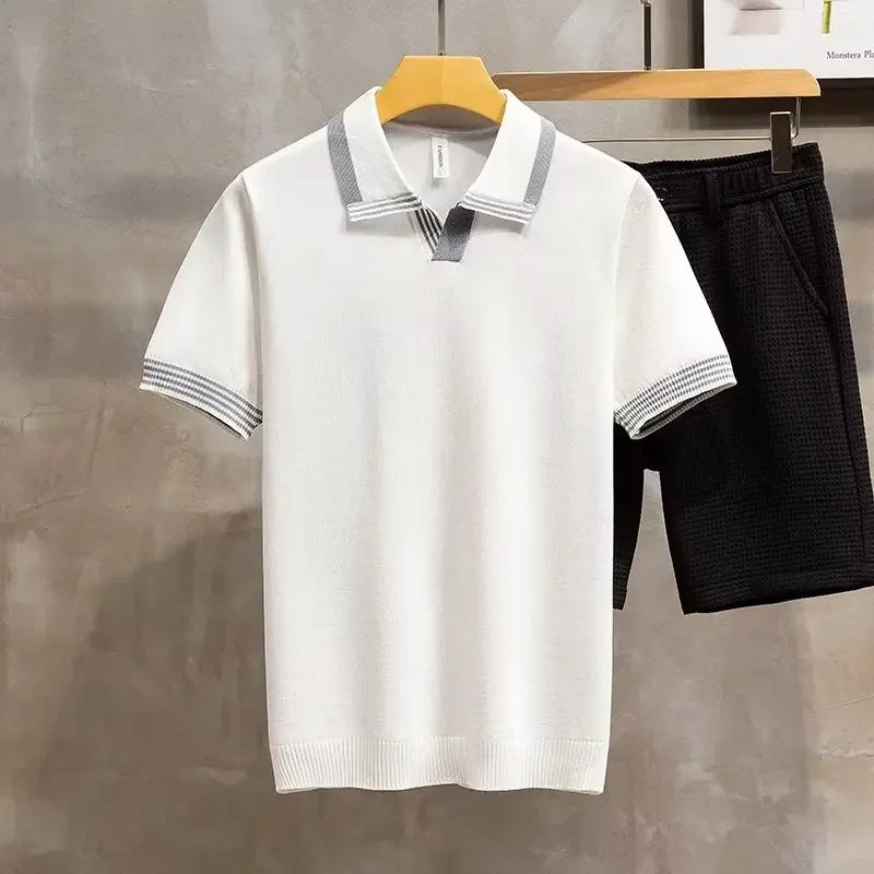 Camisa polo masculina Vintage: confortável, estilo verão, malha, com lapela de manga curta