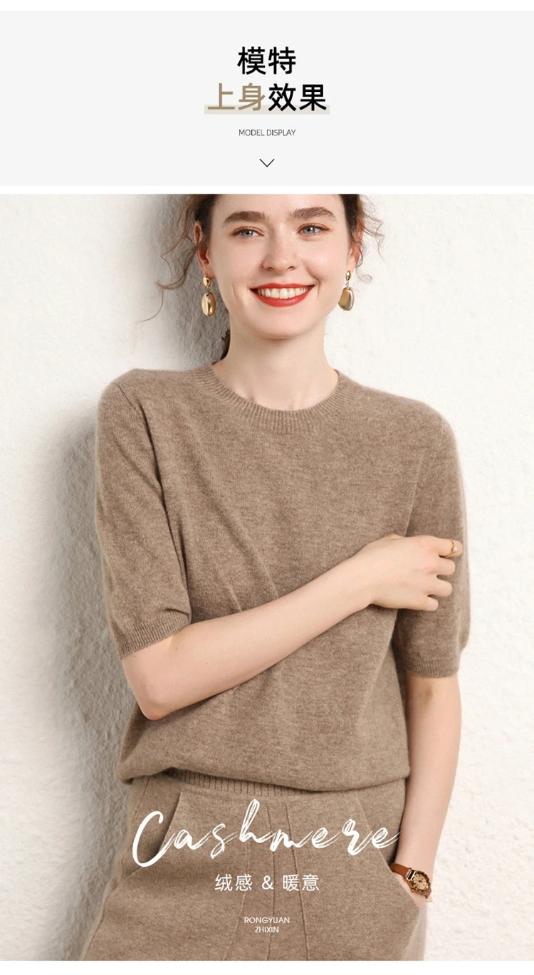 100% cashmere women's sweater short sleeved knitted O-neck five quarter sleeve fashionable hot selling women's T-shirt
