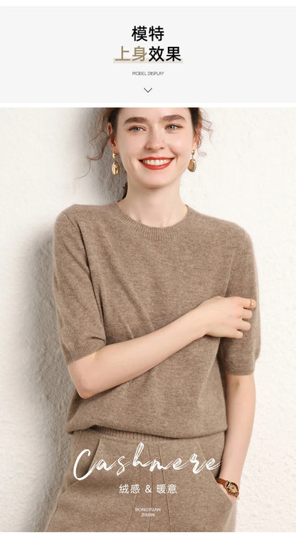 100% cashmere women's sweater short sleeved knitted O-neck five quarter sleeve fashionable hot selling women's T-shirt