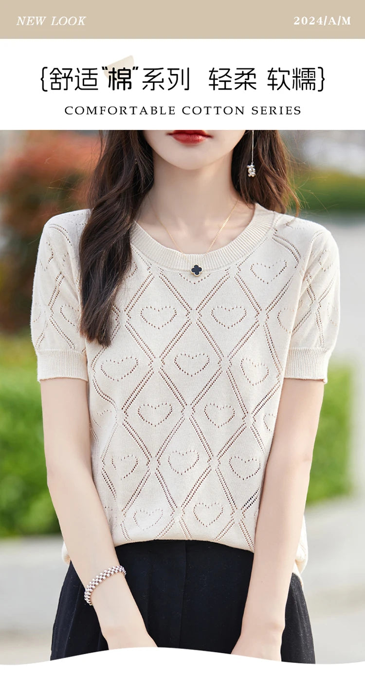 New Summer Fashion 100% Pure Cotton Women's Sweater Short sleeved Casual O-neck Pullover T-shirt Loose Knitted Hollow Top
