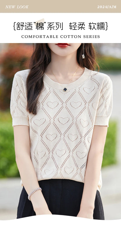 New Summer Fashion 100% Pure Cotton Women's Sweater Short sleeved Casual O-neck Pullover T-shirt Loose Knitted Hollow Top