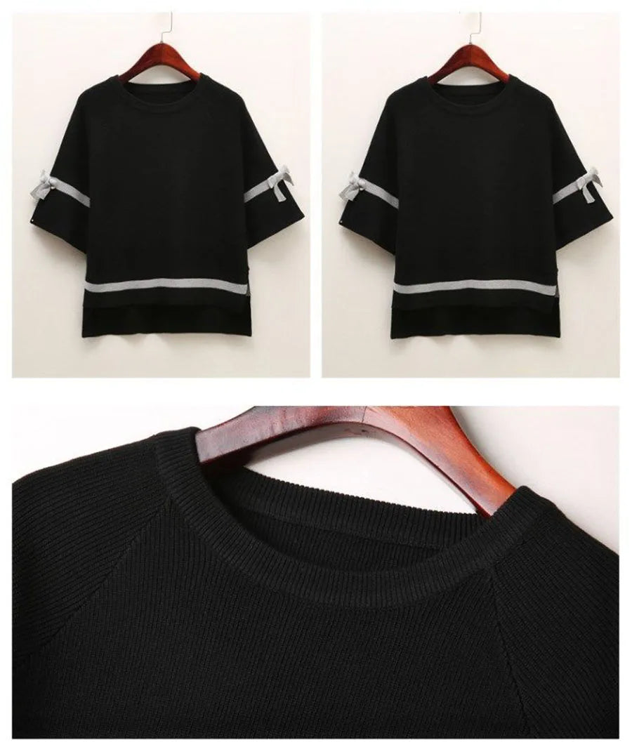 Oversize Knit Women Three Quarter T-Shirt Top Summer Causal Elegant Short Sleeve Camisetas Korean Fashion Loose Knitwear Tee New