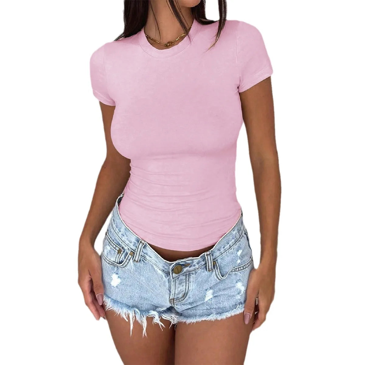 2024 Women's Clothing Y2K Style Solid Color Slim Fit Short-sleeved T-shirt