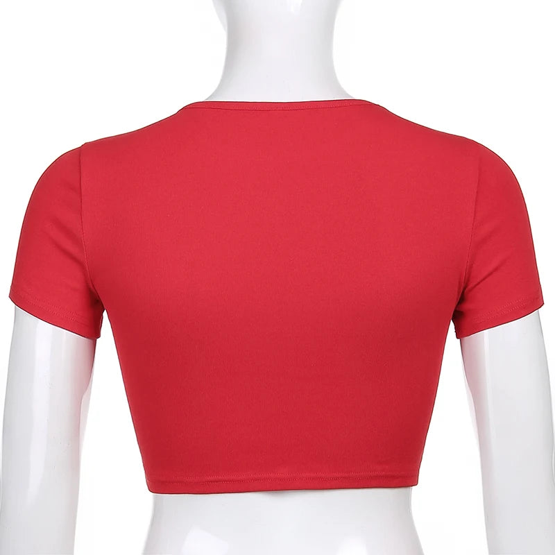 Y2K Women Backless Hollow Out T Shirt Sexy Bandage Crop Tops O-neck Tshirt Black Streetwear Short Sleeve Slim Bodycon T-shirt