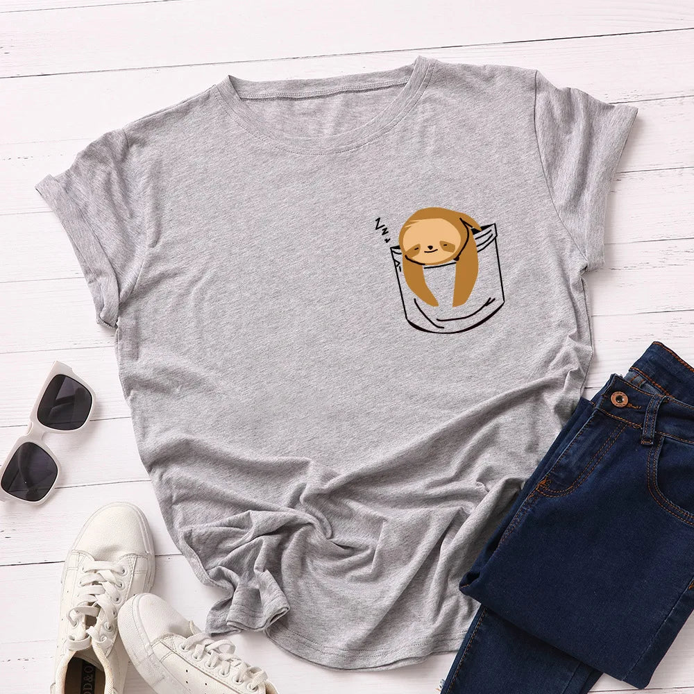 JFUNCY Short Sleeve Tee Women Top Oversized Cotton T-Shirt Female Summer Clothes Cute Sloth Pocket Graphic 2024 Women's T Shirts