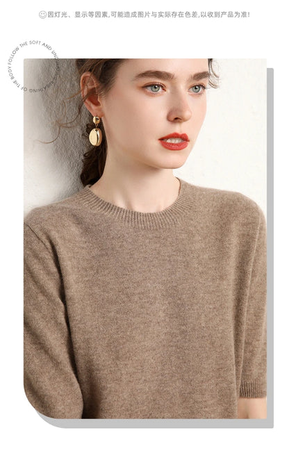 100% cashmere women's sweater short sleeved knitted O-neck five quarter sleeve fashionable hot selling women's T-shirt