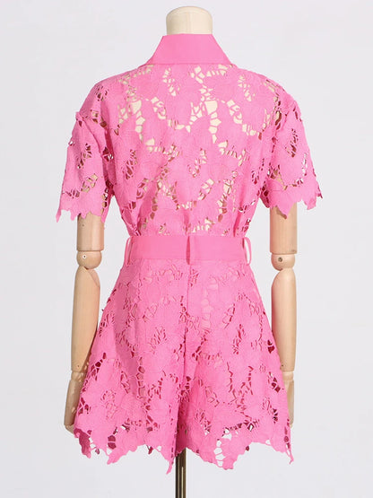 VGH Solid Two Piece Sets For Women Lapel Short Sleeve Spliced Single Breasted Shirts High Waist Shorts Hollow Out Set Female New