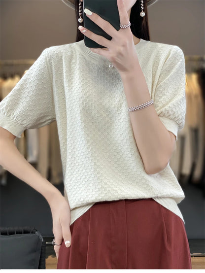 Pure Cotton Hollow Short-Sleeved Ladies Spring And Summer Loose Slim New Joker Knit Bottoming T-Shirt