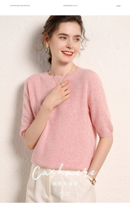 100% cashmere women's sweater short sleeved knitted O-neck five quarter sleeve fashionable hot selling women's T-shirt