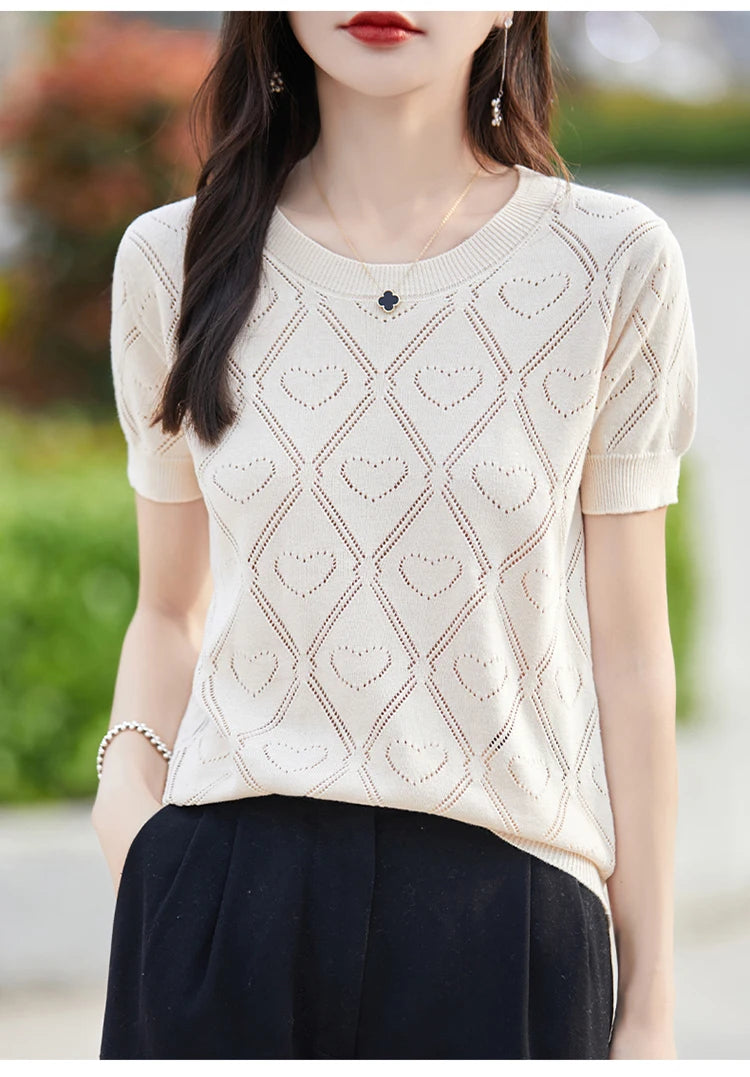 New Summer Fashion 100% Pure Cotton Women's Sweater Short sleeved Casual O-neck Pullover T-shirt Loose Knitted Hollow Top