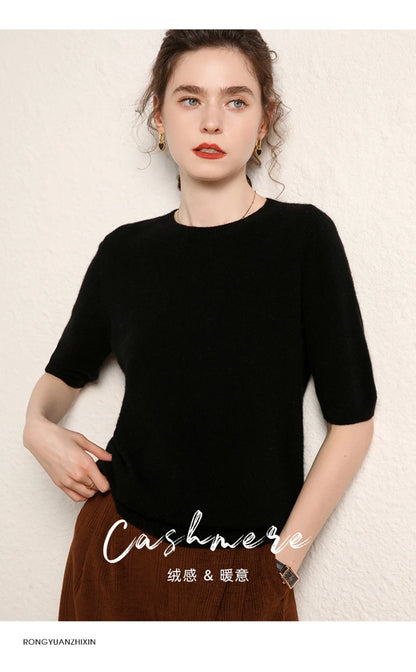 100% cashmere women's sweater short sleeved knitted O-neck five quarter sleeve fashionable hot selling women's T-shirt