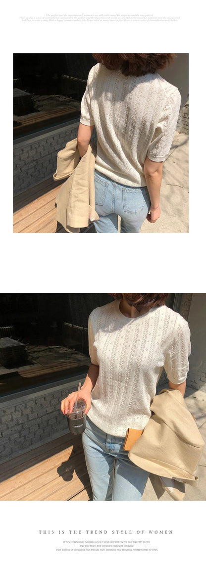 100% Cotton Women Hollow-out Sweater T-shirt New Summer Fashion Short-sleeve O-Neck Pullover Tees Korea Casual Knitted Tops