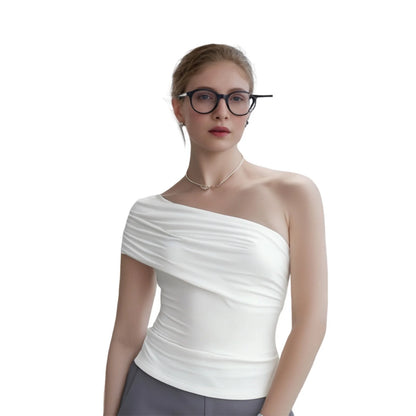 Women's Summer Sexy Slim Fit Crop Tops Short Sleeve One Shoulder Solid Color Sweet Short Basic T-shirts