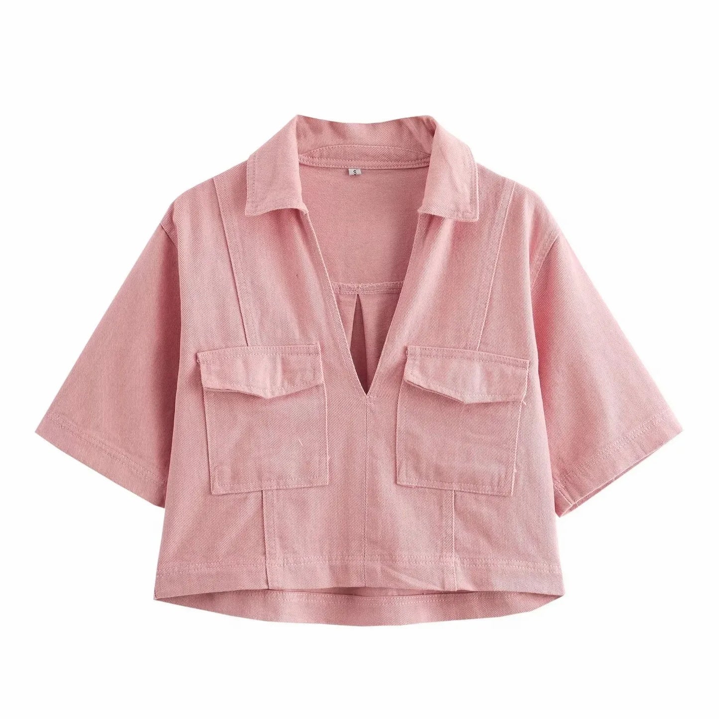 Conjuntos femininos em jeans: camisa gola com manga curta e bolso decoração +  shorts cintura média assimétrico